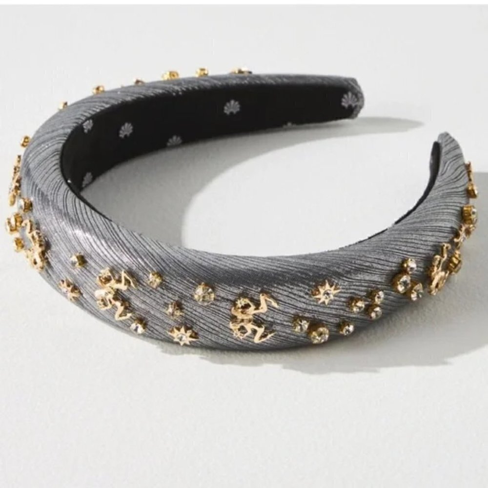New LELE SADOUGHI Zodiac Gemini Alice Hand Embellished Lurex Headband Pewter NWT